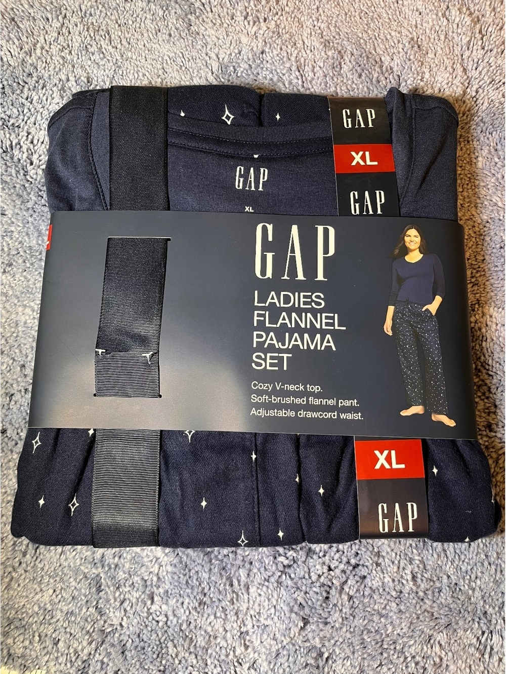 GAP Ladies Flannel Pajama Set XL Navy Blue Cozy V-Neck Top and Soft-Brushed Flan